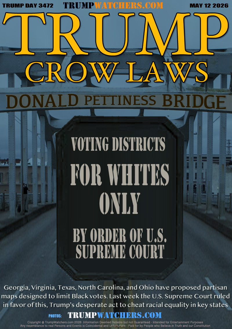 DONALD PETTINESS BRIDGE

VOTING DISTRICTS FOR WHITES ONLY

Georgia, Virginia, Texas, North Carolina, and Ohio have proposed partisan
maps designed to limit Black votes. Last week the U.S. Supreme Court ruled
in favor of this, Trump’s desperate act to cheat racial equality in key states